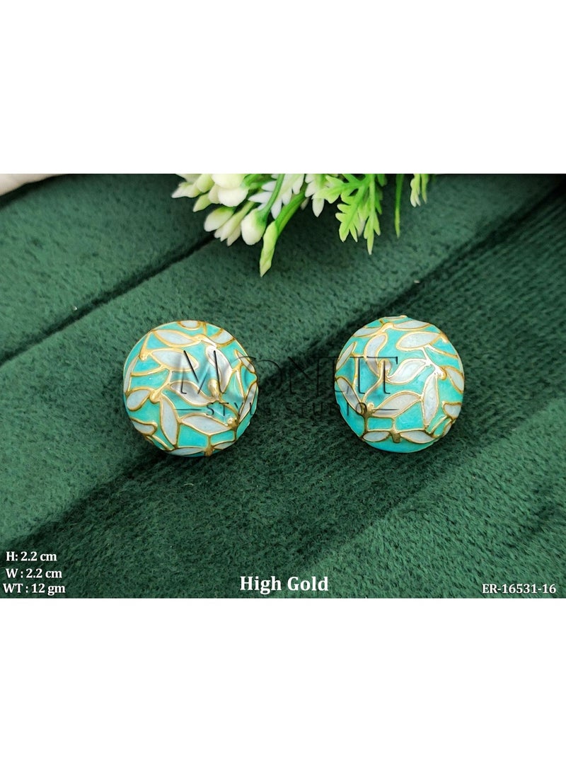 Moonlit Style Studio - Meenakari - Feroza Green & Gold Enamel Stud Earrings